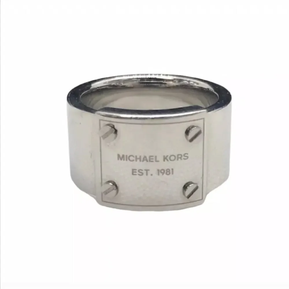 MICHAEL KORS SILVER STEEL LOGO PLATE RING Size 6.5